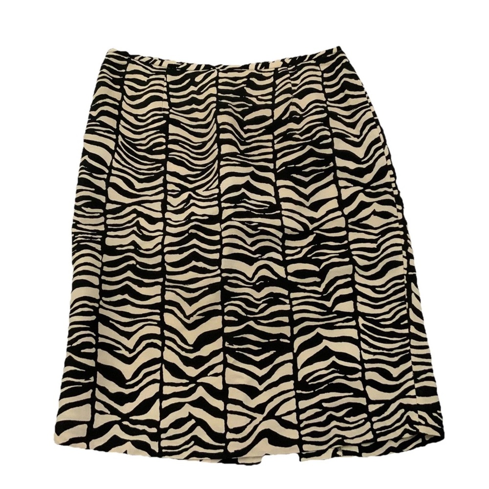 Calvin Klein Straight Skirt Linen Blend Womens 4 Black Cream Back Slit Zip New